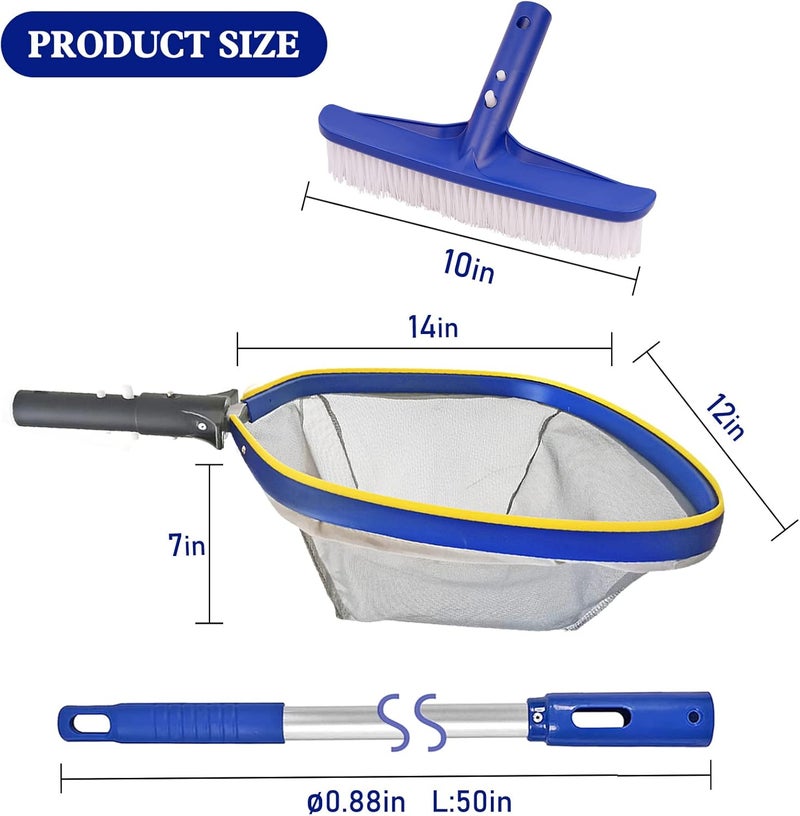Poolvio Swimming Pool Cleaning Kit, 14'' Brush Head & 50'' Telescopic Aluminum Pole with Fine Mesh Skimmer Net - Perfect for Above Ground Pools, Spas, Hot Tub Fountains Blue (PK0140) - Image 3
